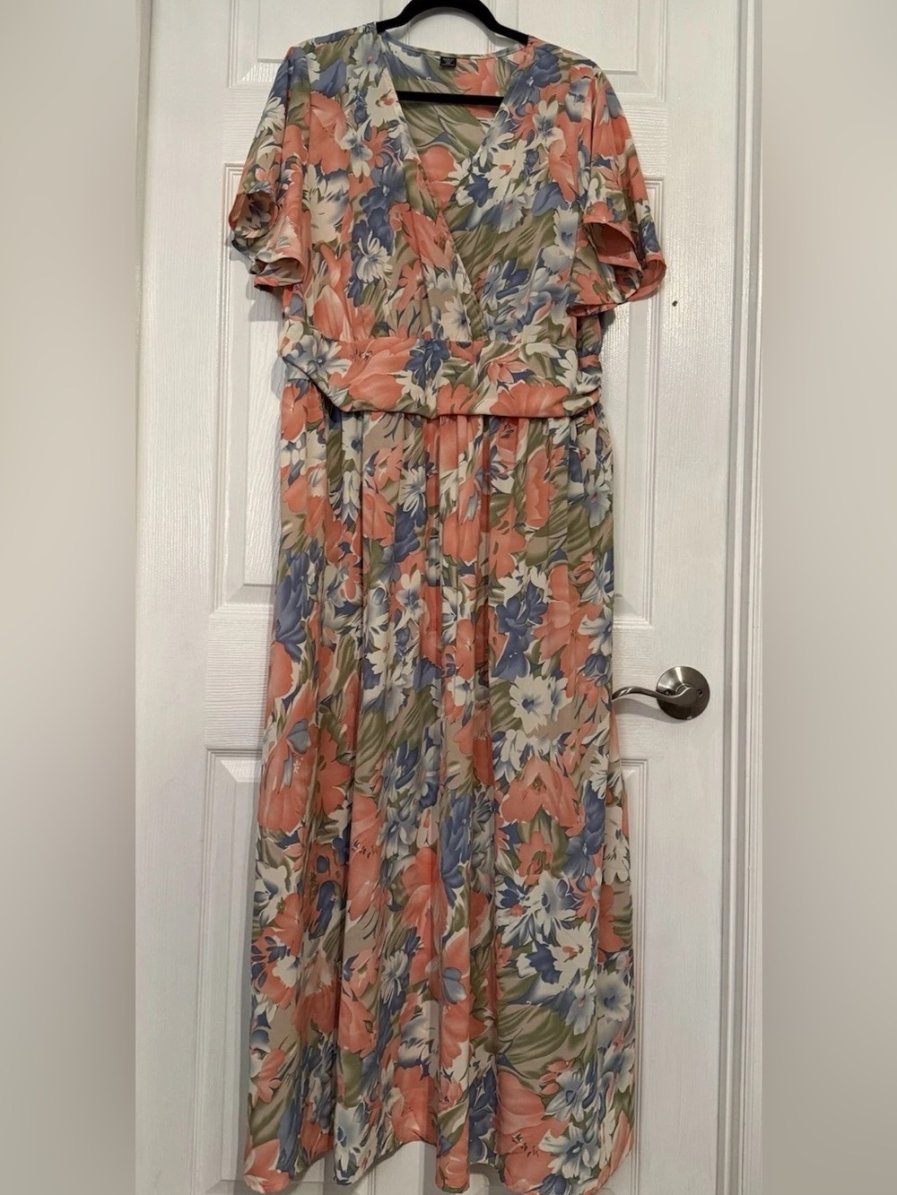 Floral Wrap Maxi Dress in Coral, Blue & Cream
